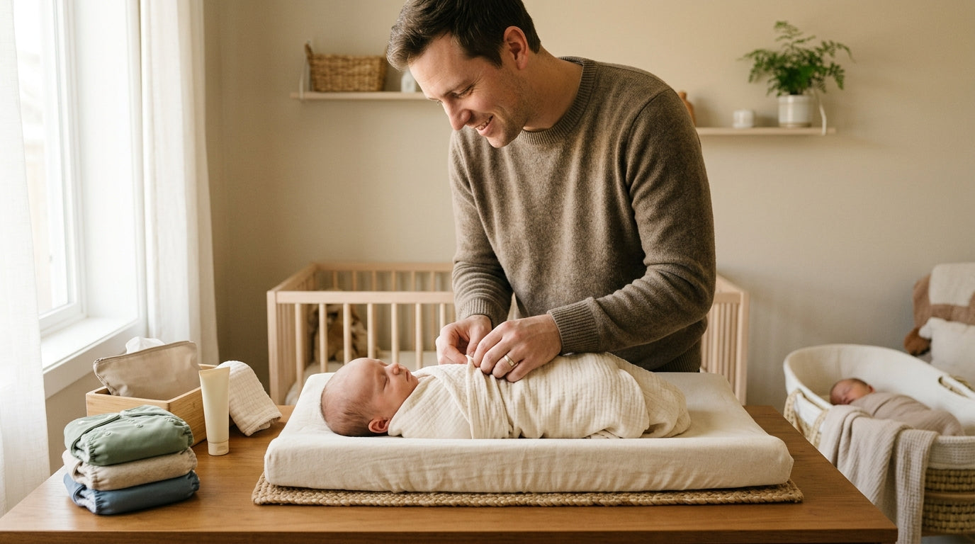 Distressed twin dad holding a baby wearing an organic cotton bodysuit while staring at a clean nappy.