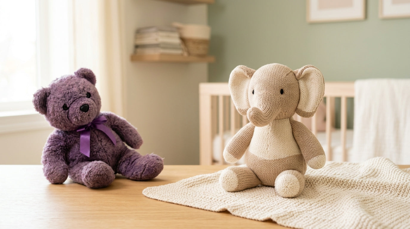 Purple 1997 memorial bear sitting in a dusty attic box next to modern wooden baby toys.