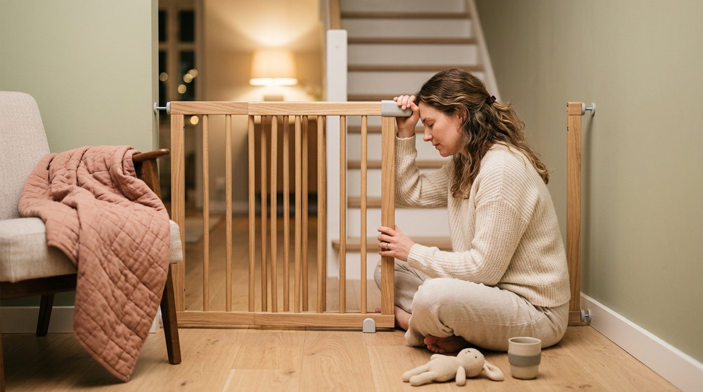 Exhausted dad staring at a partially installed metal safety gate on the stairs