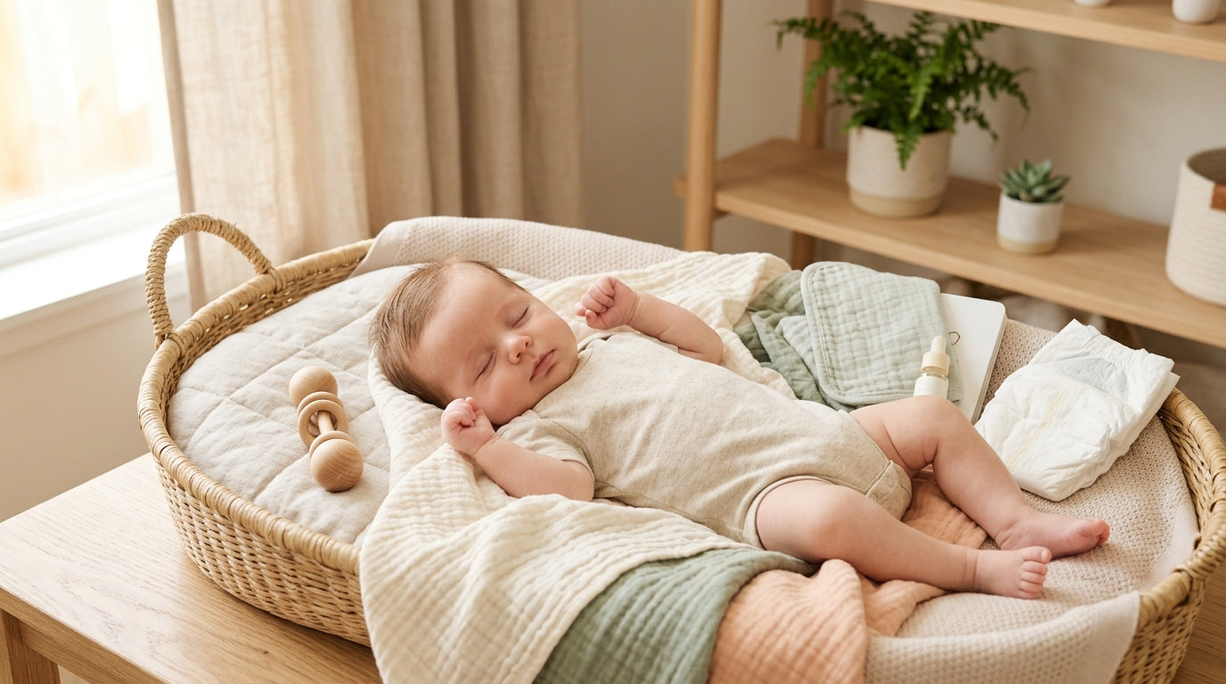 Exhausted mom holding her awake two month old baby in a dim nursery
