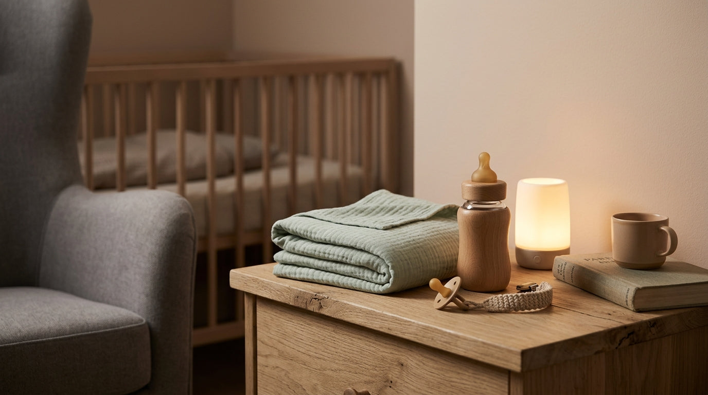 Exhausted dad in a dark nursery holding a crying baby