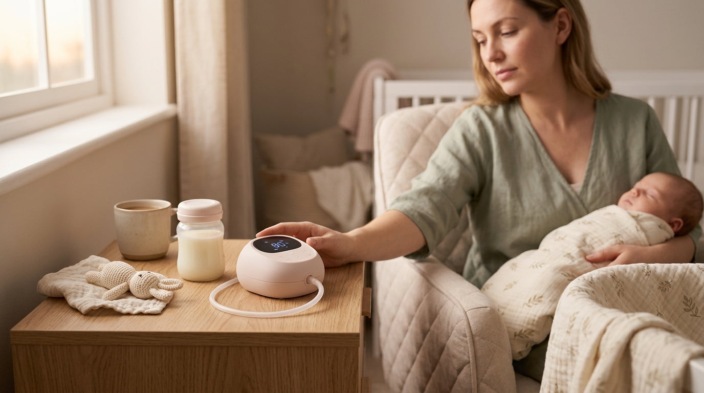 A tiny black portable breast pump sitting next to a half-empty cup of cold coffee