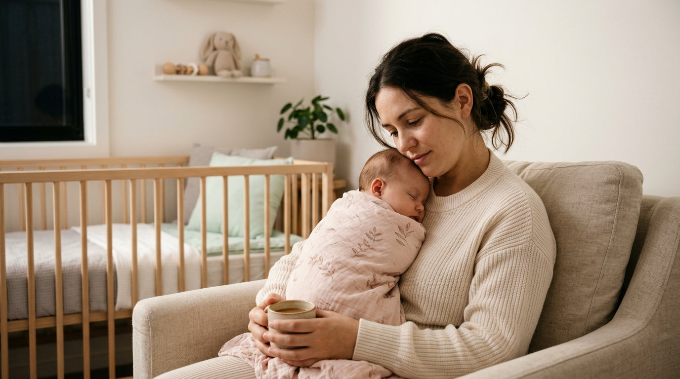 Tired dad looking at his phone in a dark Portland nursery