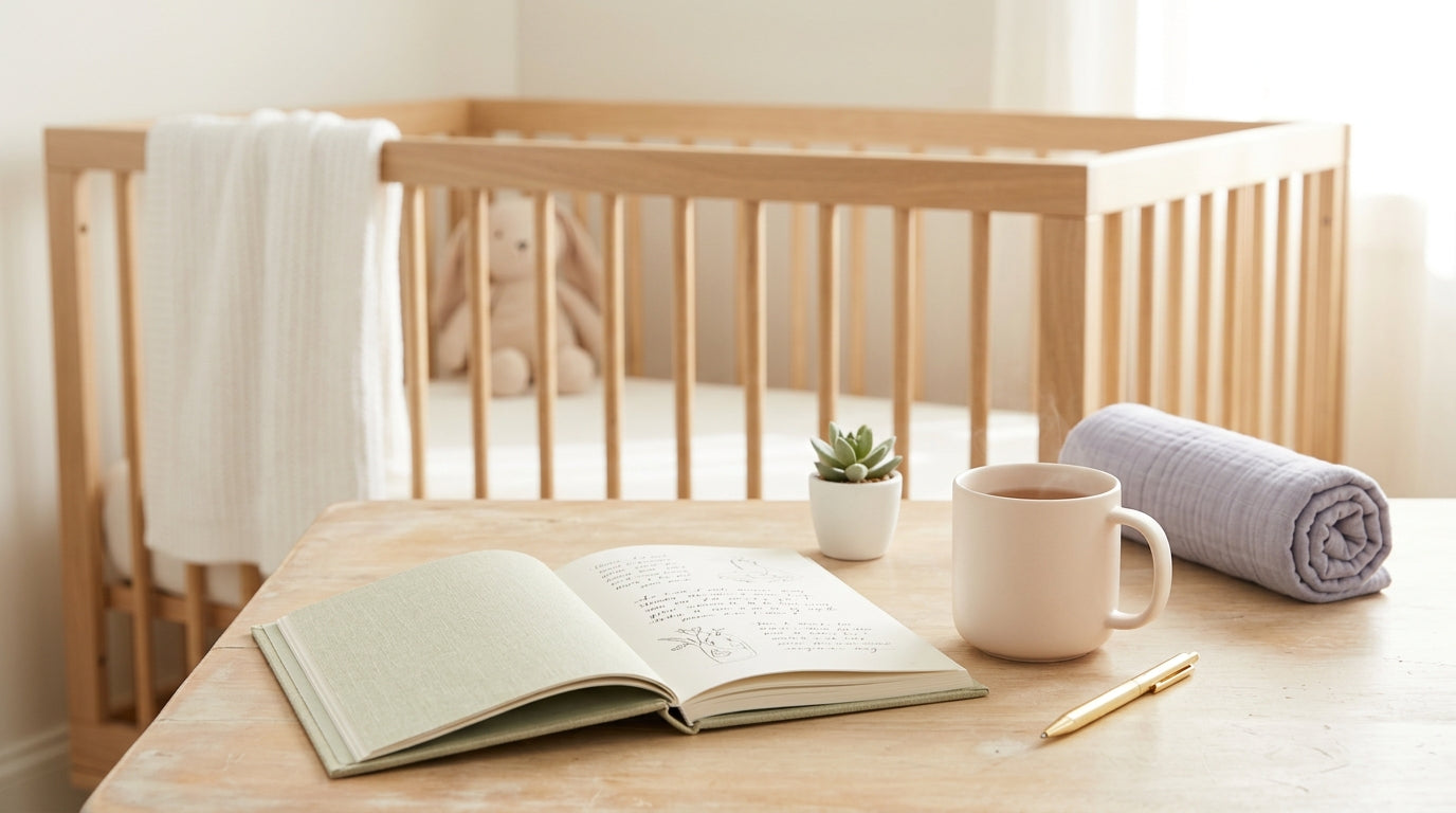 Exhausted mother scrolling her phone in a dark nursery