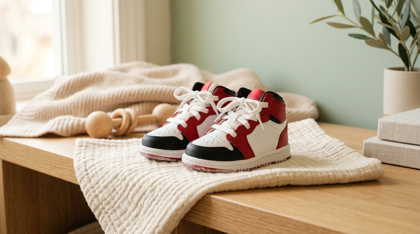 Two tiny baby jordans scattered across a messy living room floor next to a chewed silicone teether