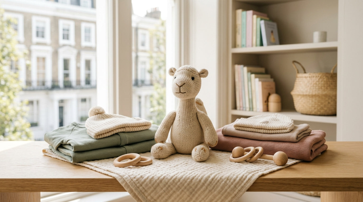 A tired father holding a baby while looking confused in a grocery store