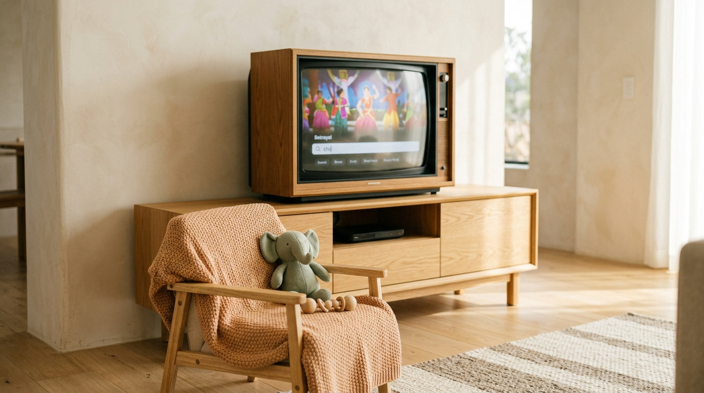 Confused dad holding a TV remote while a wooden play gym sits on the floor.