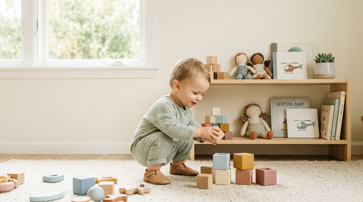 A toddler wearing an organic cotton bodysuit playing in the mud outside.