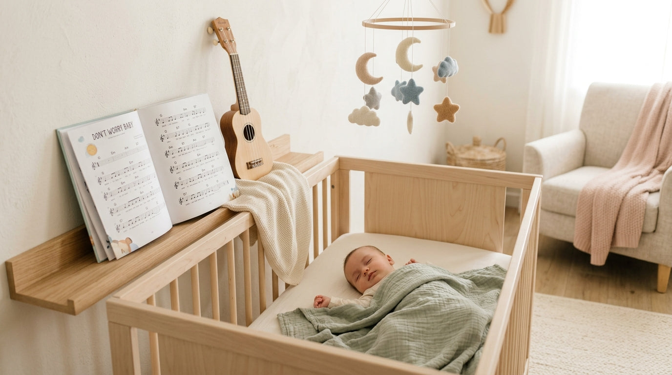 A tired dad holding an acoustic guitar and a baby wrapped in a purple deer organic cotton blanket