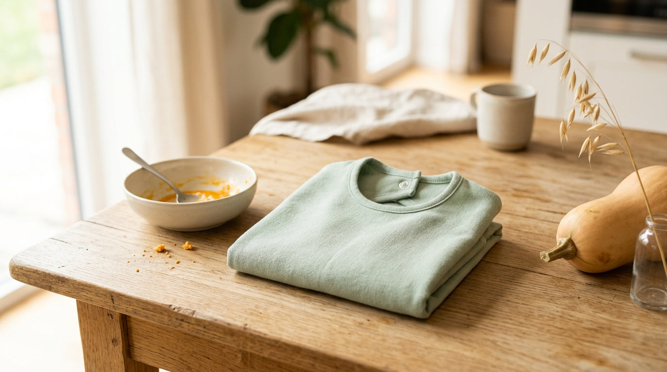 A dining table covered in spilled soup with a silicone baby bowl