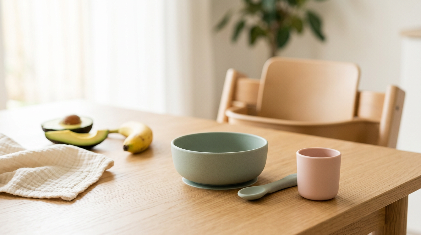 A messy baby eating semolina porridge in a highchair