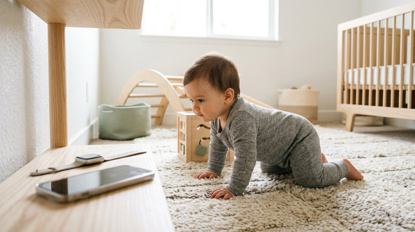 A baby pushing backward on an organic play mat while a dad looks at his smartwatch.
