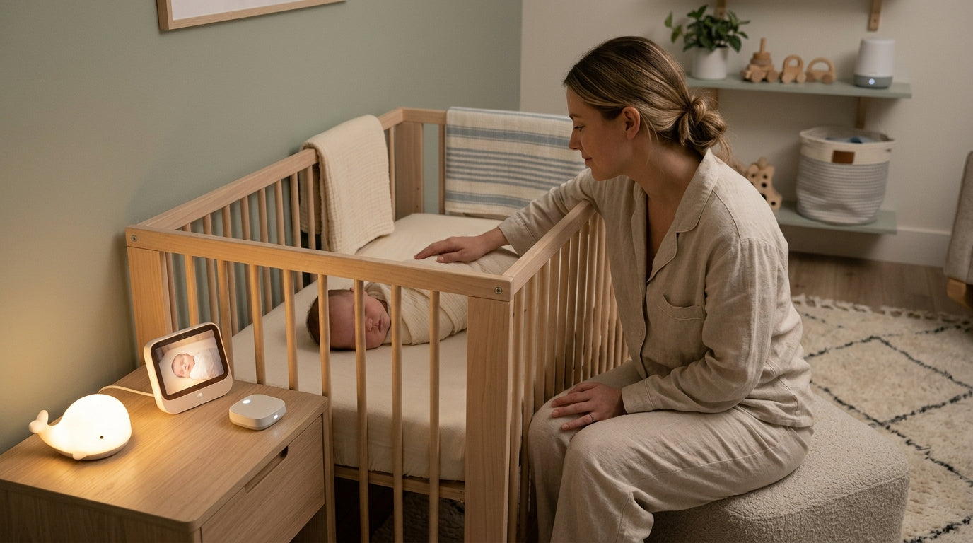 A glowing smartphone displaying a sleep tracking app next to a wooden crib