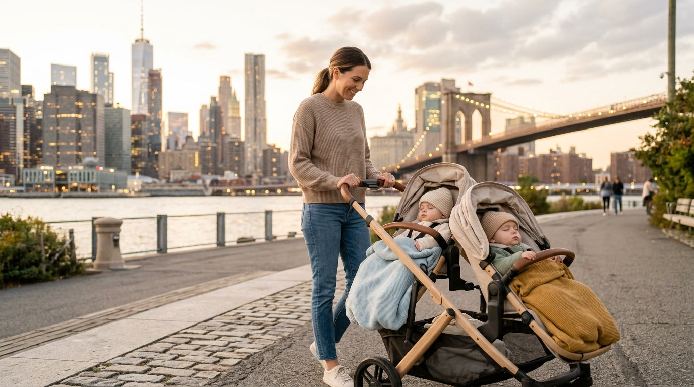 A British dad looking exhausted outside an Albee Baby store in New York City.