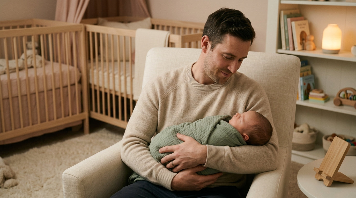 A tired dad sitting in a dark nursery looking at a baby monitor on his phone