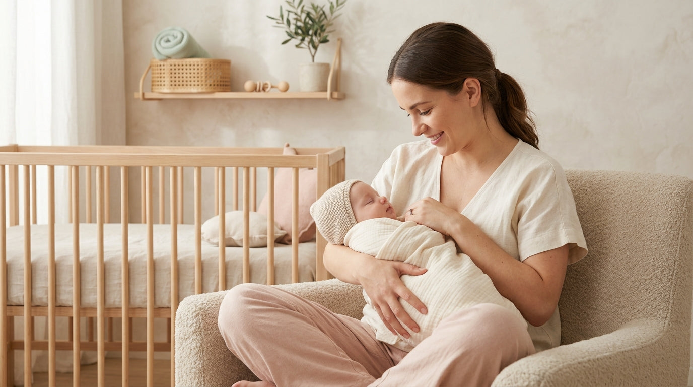 Tired mom holding a fussy baby in a messy living room
