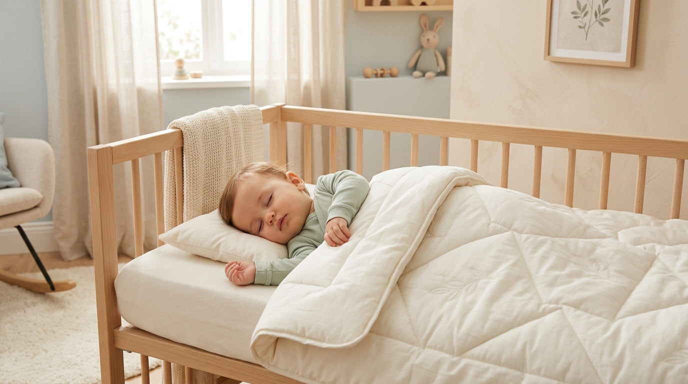 A stressed dad holding a folded organic cotton baby duvet in a dimly lit nursery.