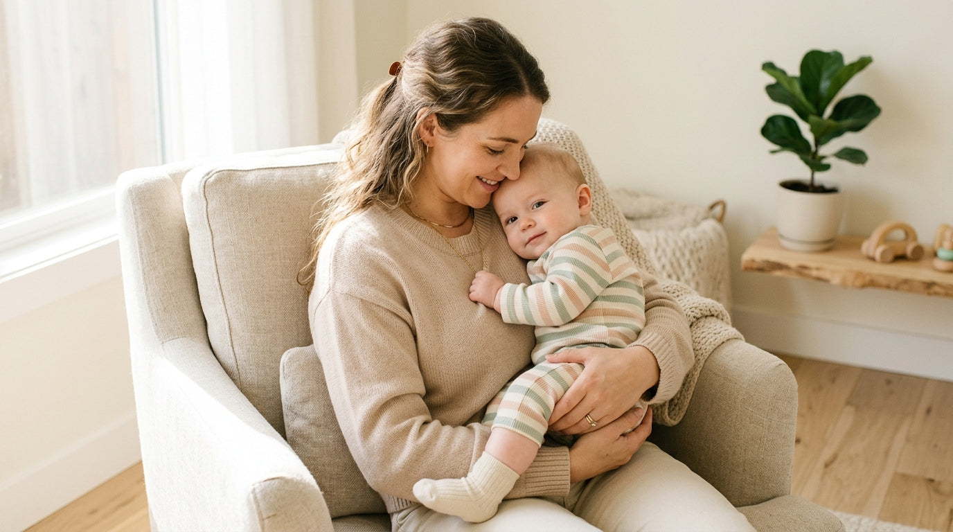 Tired mom holding a teething infant while staring at a massive pile of laundry