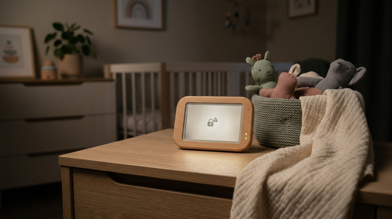Exhausted dad holding a teething baby near a laptop and wooden play gym