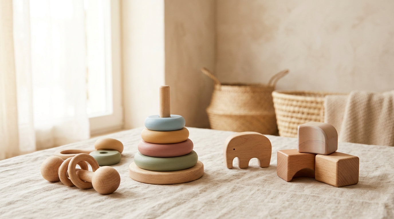 A scattered pile of wooden blocks on a living room rug next to a coffee cup