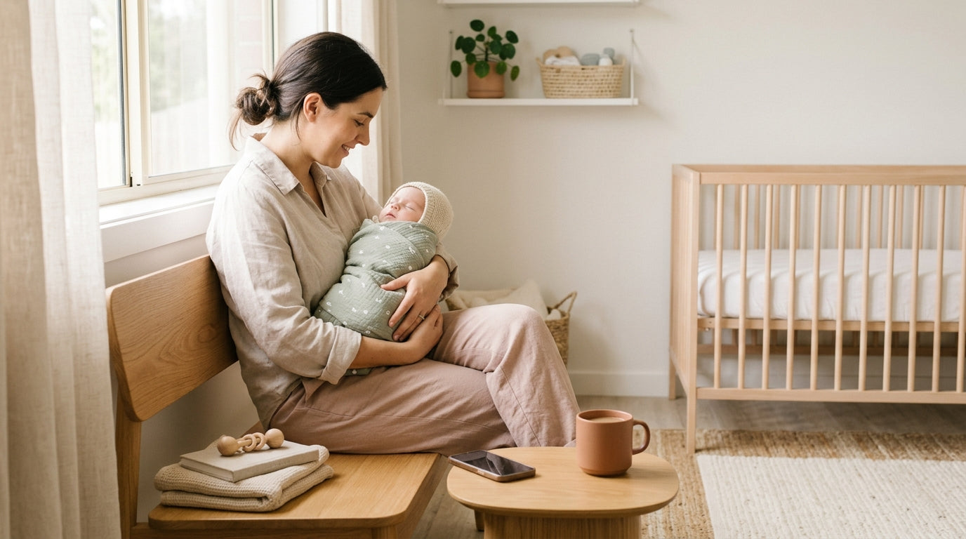 A tired mother holding her baby in a dimly lit nursery while scrolling on her phone.