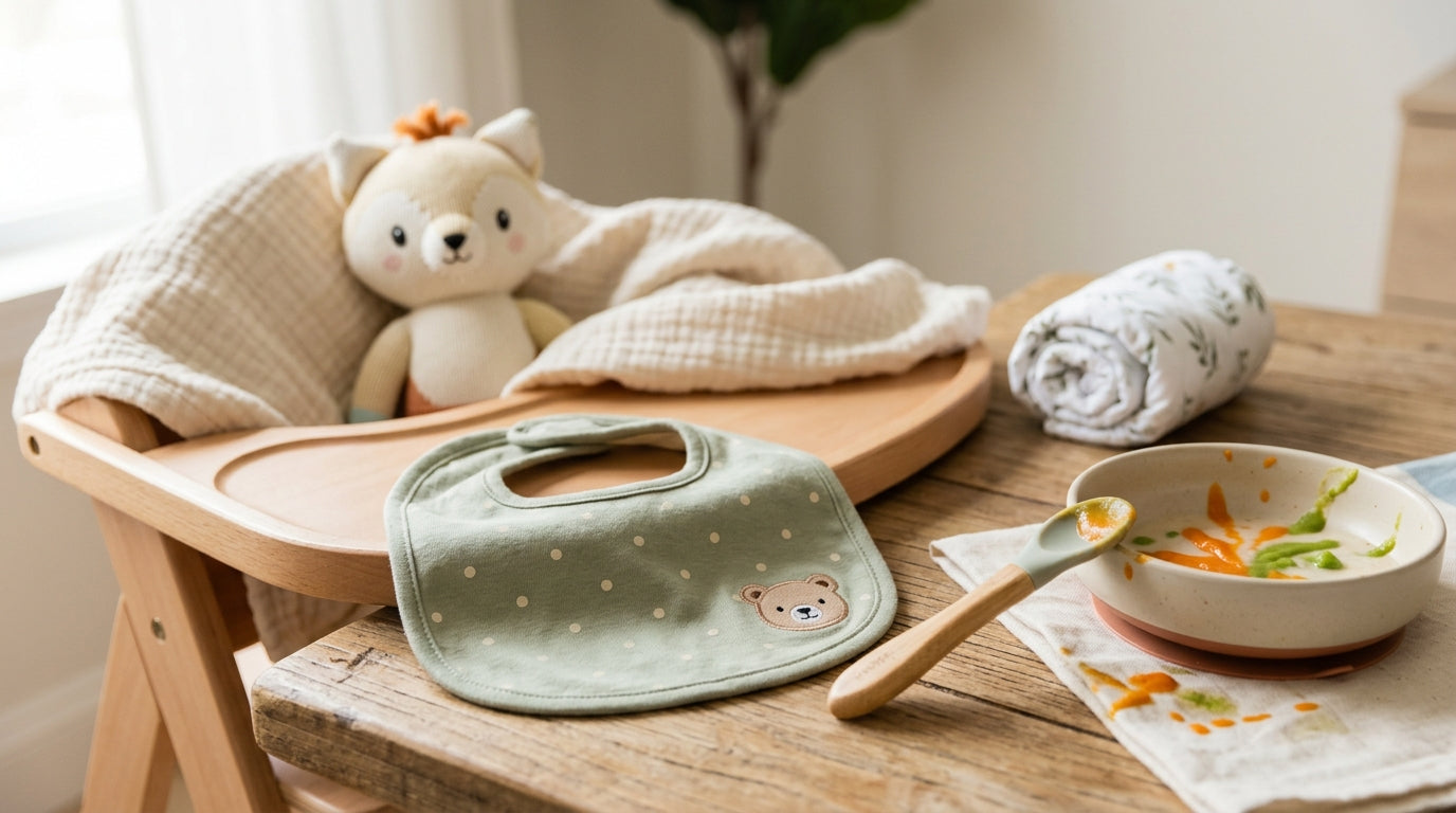 A baby wearing a breathable organic cotton onesie holding a silicone panda teether
