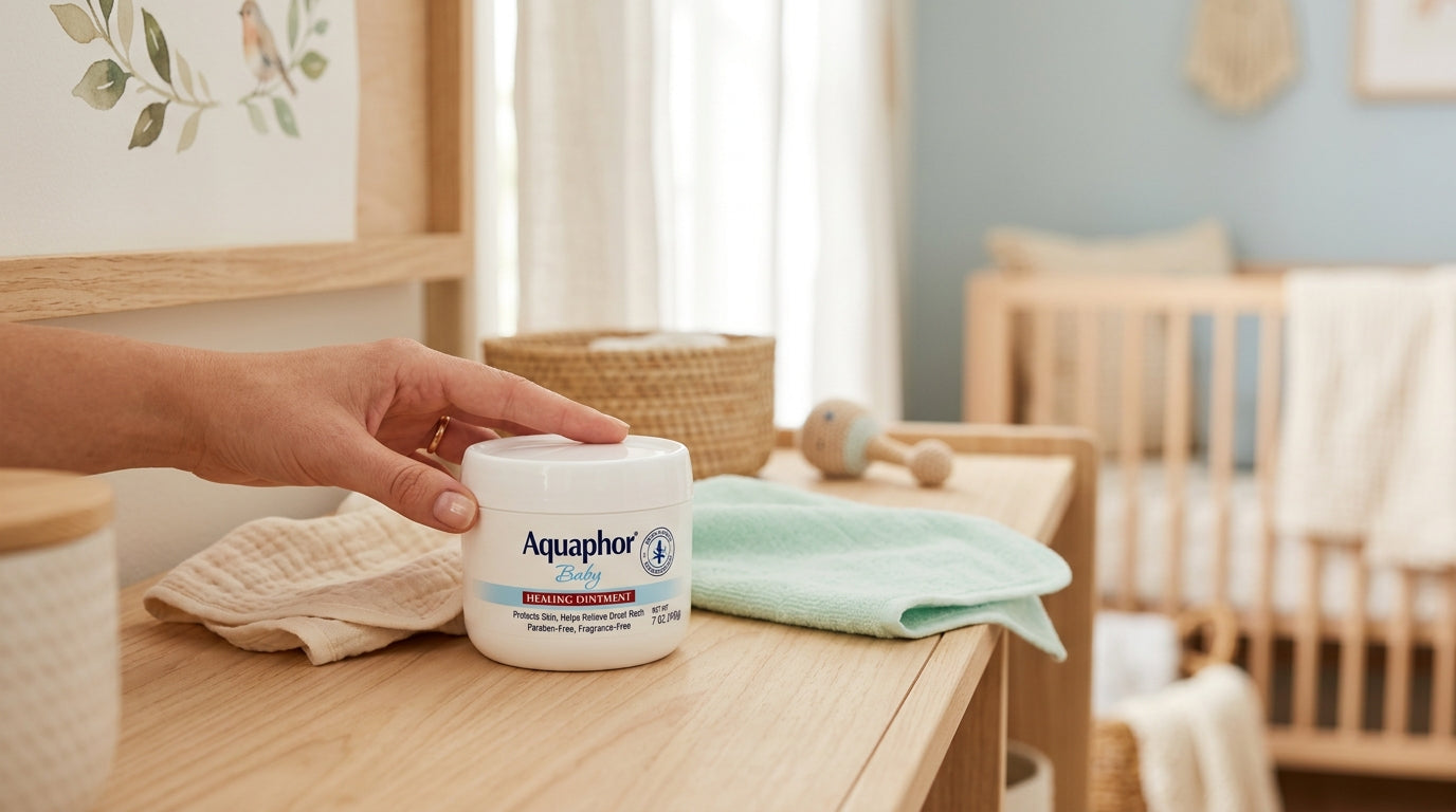 Mother holding baby while looking at a tub of healing ointment in a pharmacy aisle