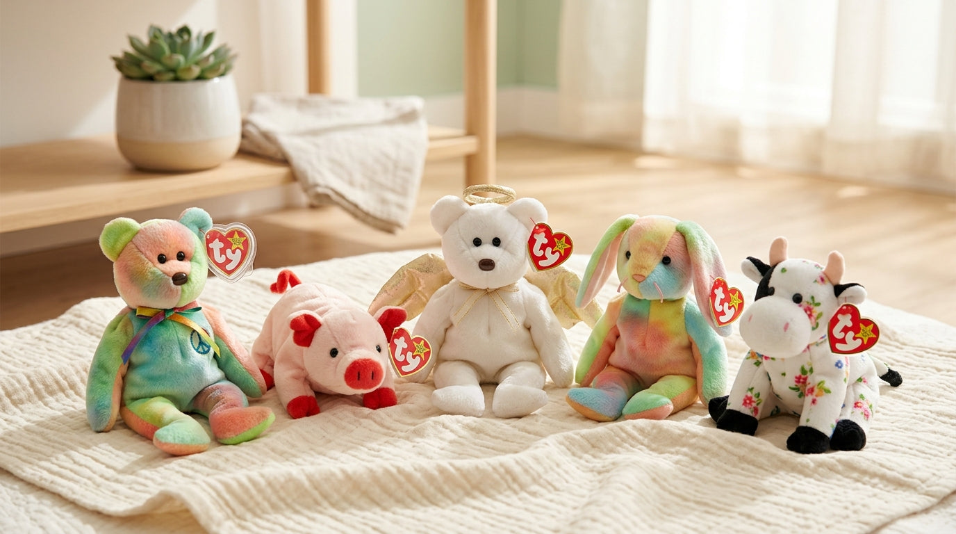 Three plastic bins overflowing with vintage 90s plush toys sitting next to a modern baby playmat
