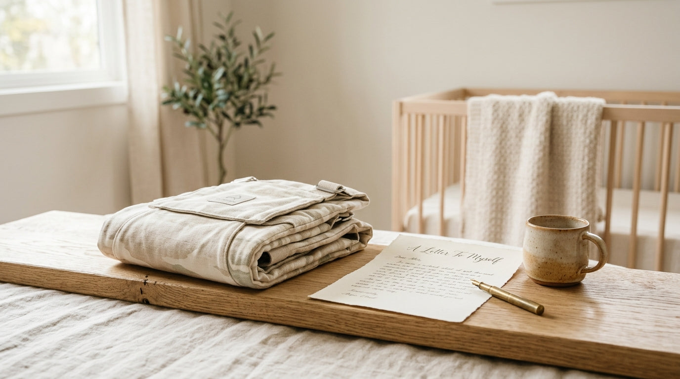 A tired father holding his baby in a designer baby carrier outdoors