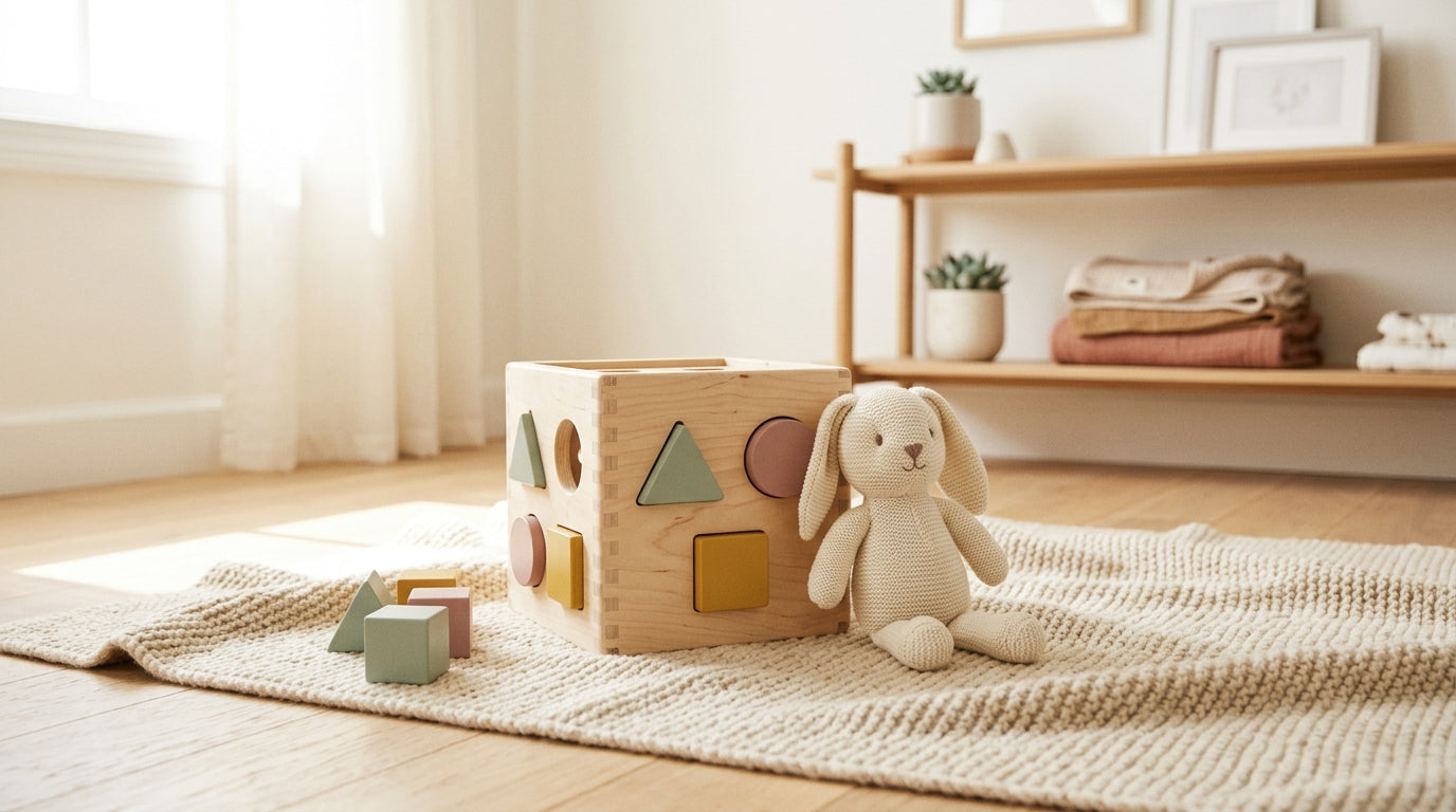 A tired dad holding a plush monster rattle while a toddler climbs his leg