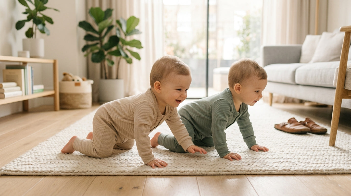 Two babies on a floor mat learning to crawl in a London flat
