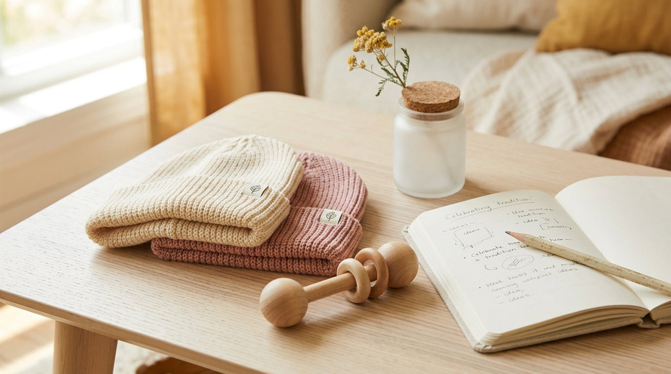 A vintage stuffed dinosaur sitting on a wooden nursery shelf next to organic baby clothes.