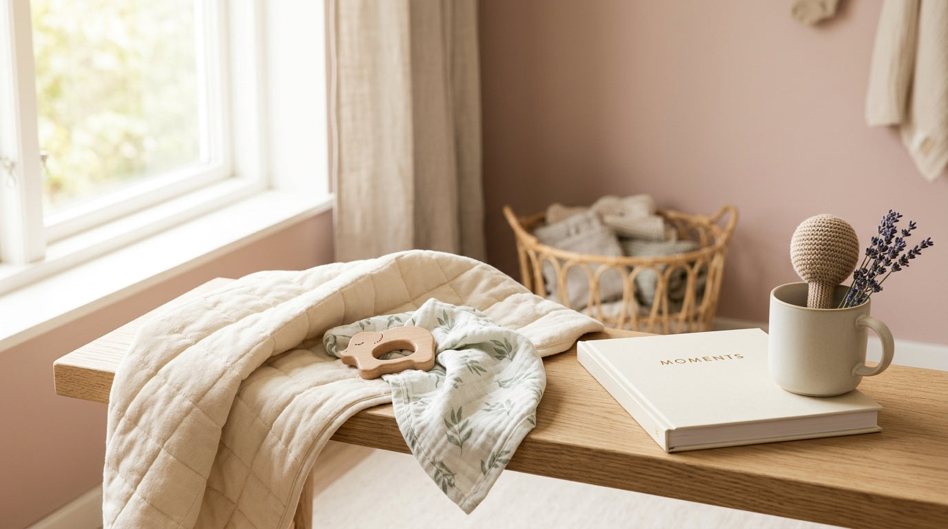 Exhausted dad staring at an iPad screen while his 11-month-old baby chews on a silicone panda teether on the rug