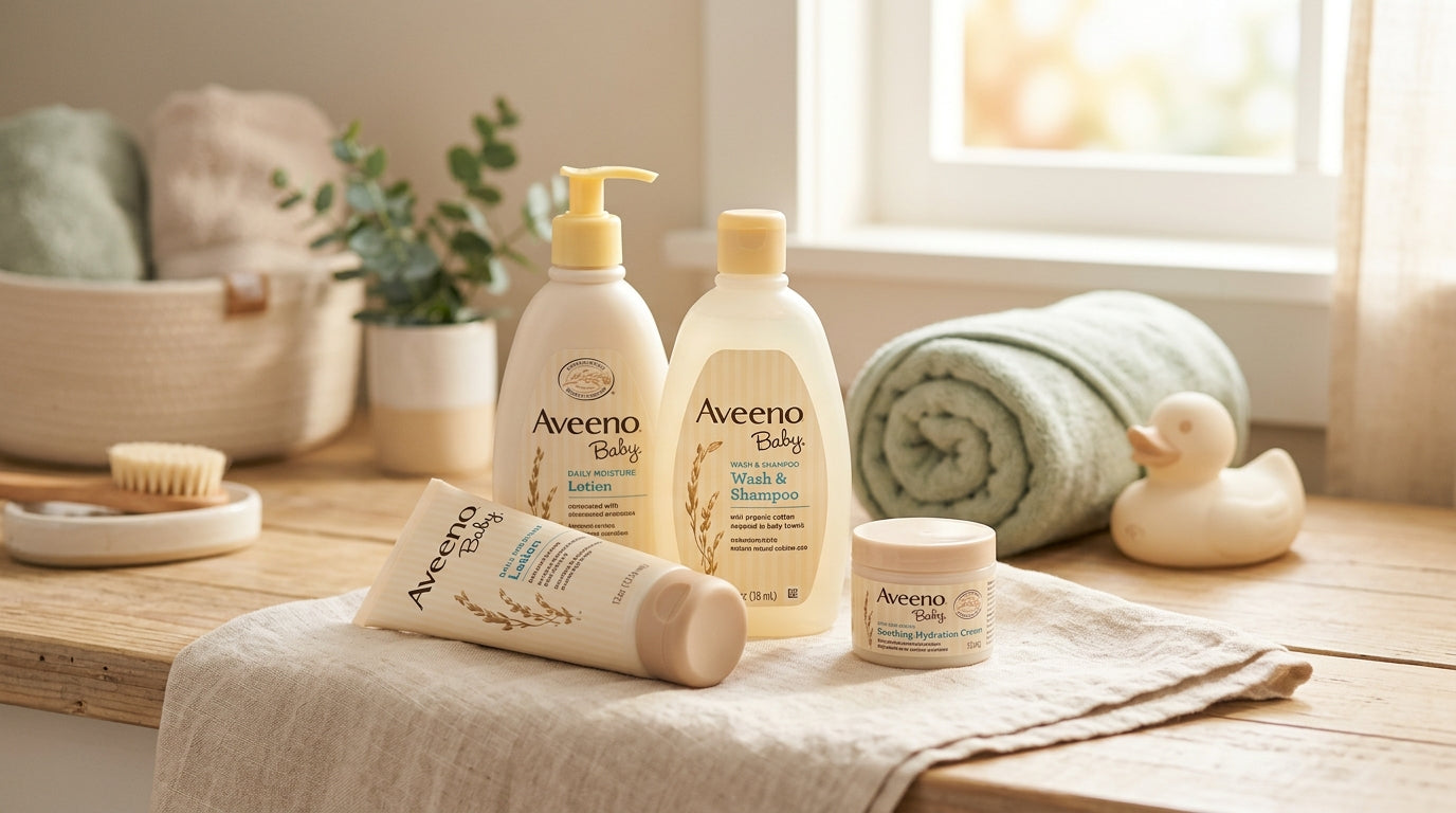 Sarah's review of Aveeno baby skincare products next to a folded organic cotton bodysuit and half empty coffee mug.