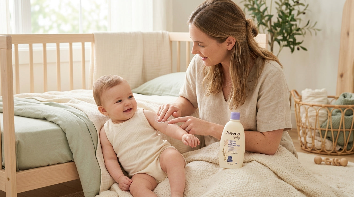 A tube of baby lotion next to a folded organic cotton bodysuit.