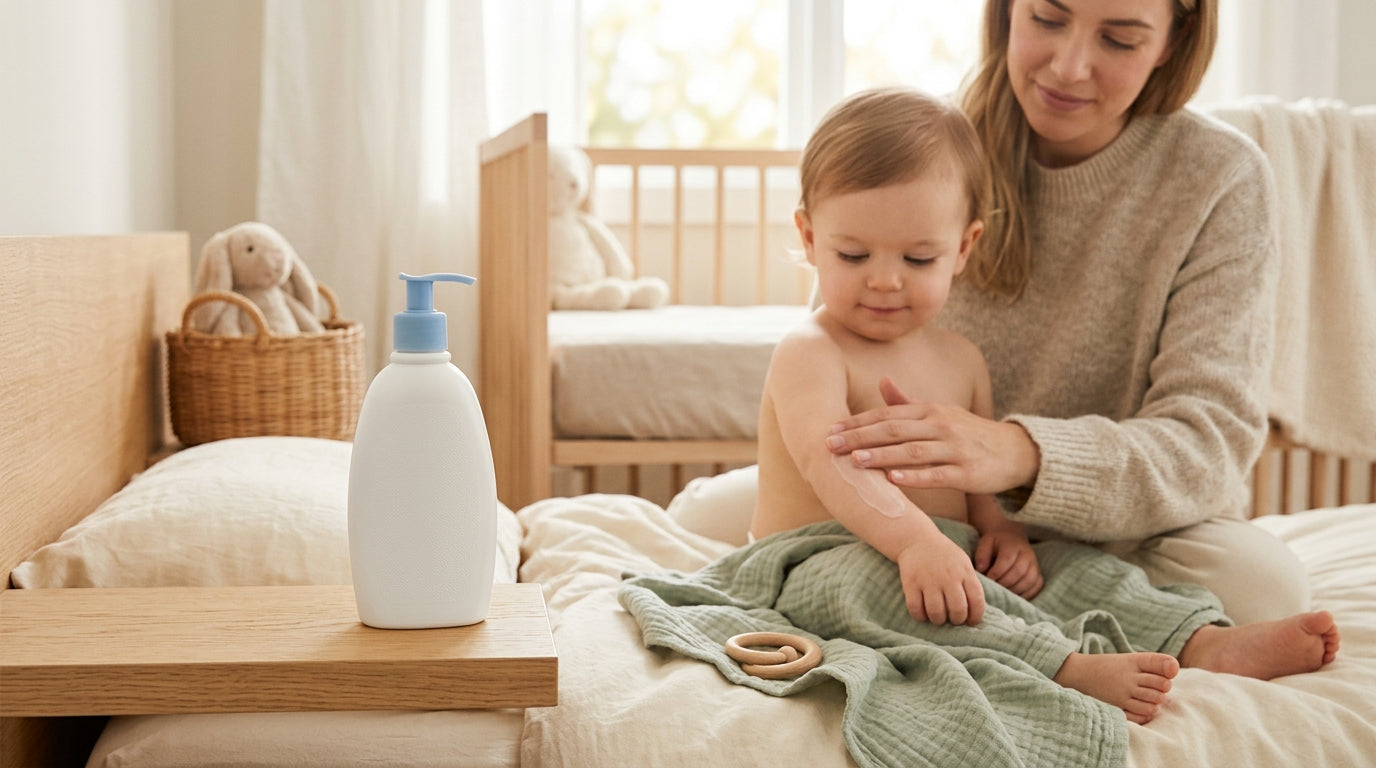 Mom dispensing unscented baby wash into her hand next to a bath tub
