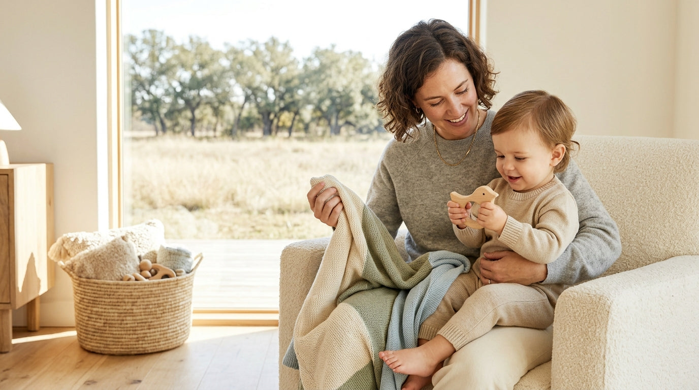 Frustrated toddler sitting on a living room rug surrounded by too many plastic toys.
