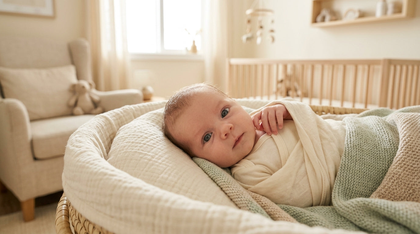 Close up of a newborn baby looking at the camera with wide bright eyes