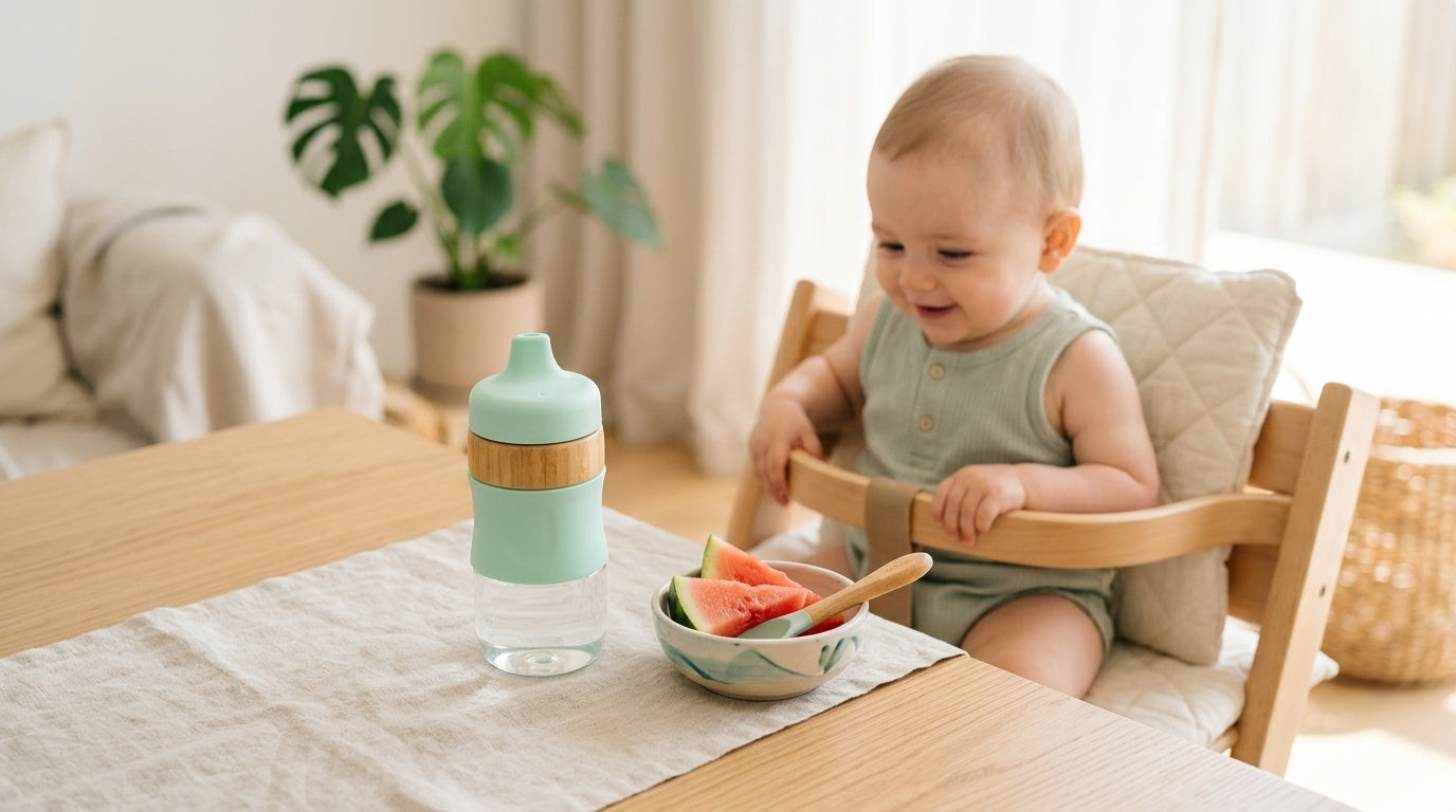 Tired mother holding a silicone cup away from a reaching infant