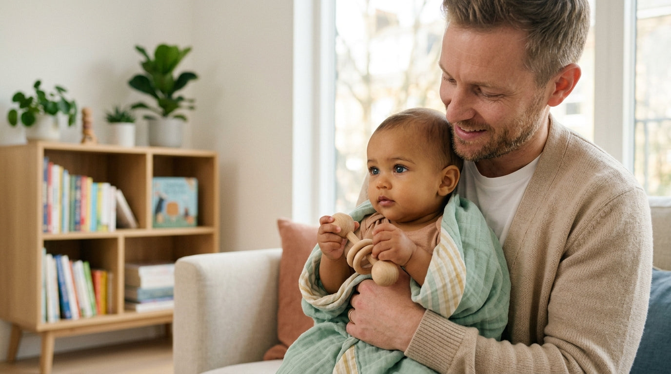 A close up of a baby's changing blue and brown eyes in the bright sunlight