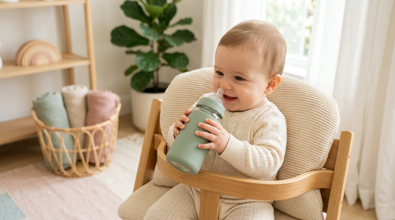 Tired mom drinking coffee while watching her baby try to hold a milk bottle on a playmat.