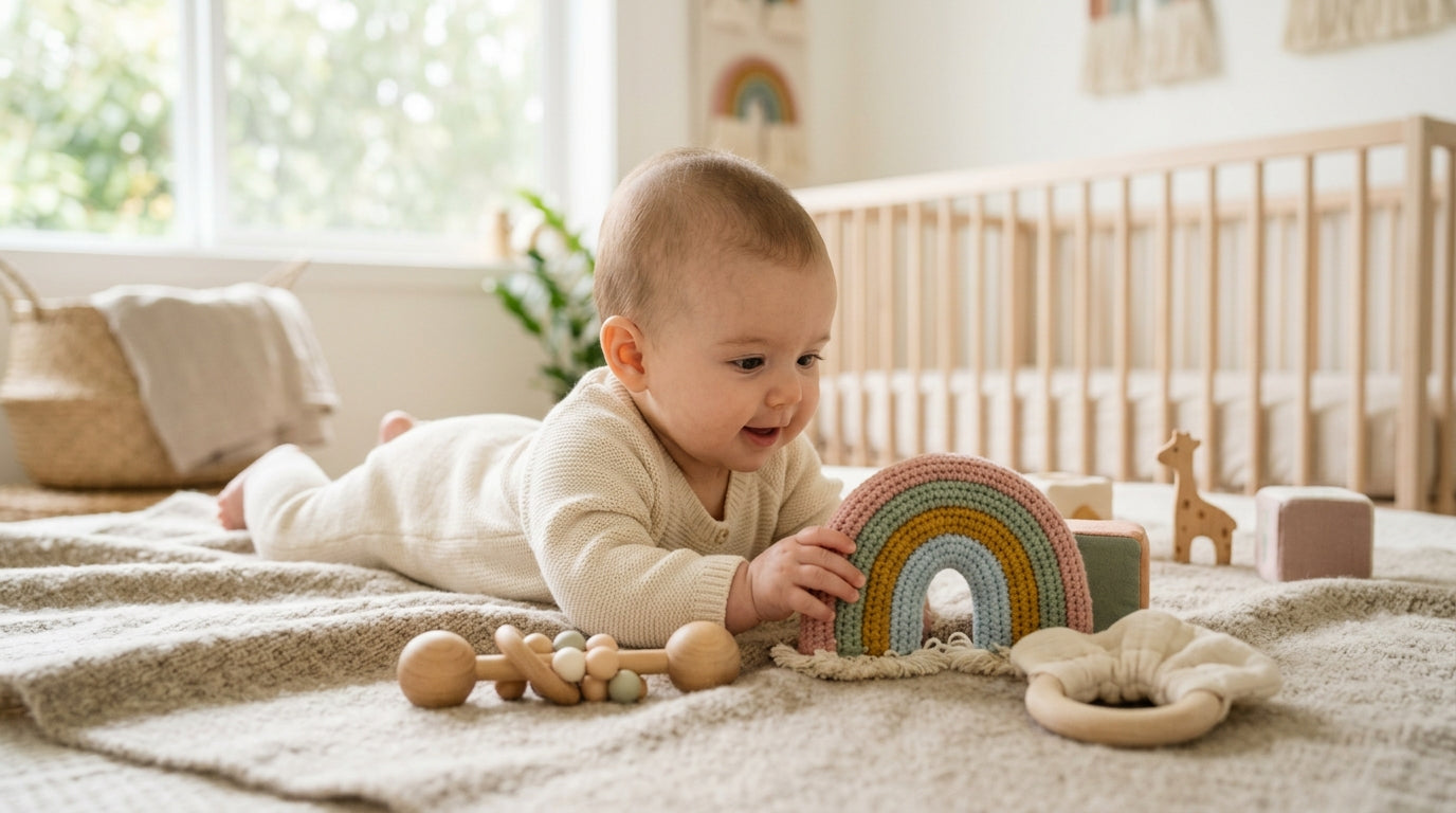 Baby staring intently at a bright red toy on a playmat