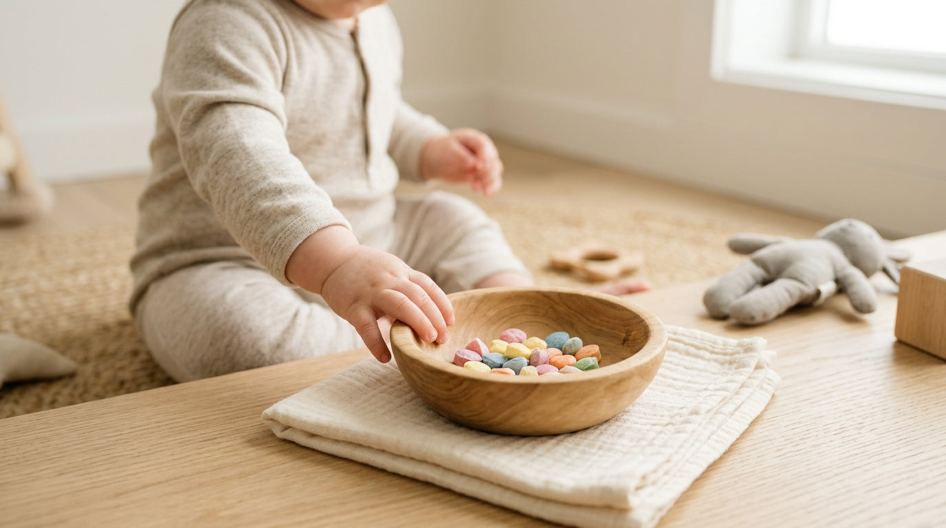 Toddler reaching for a colorful candy wrapper on a kitchen counter