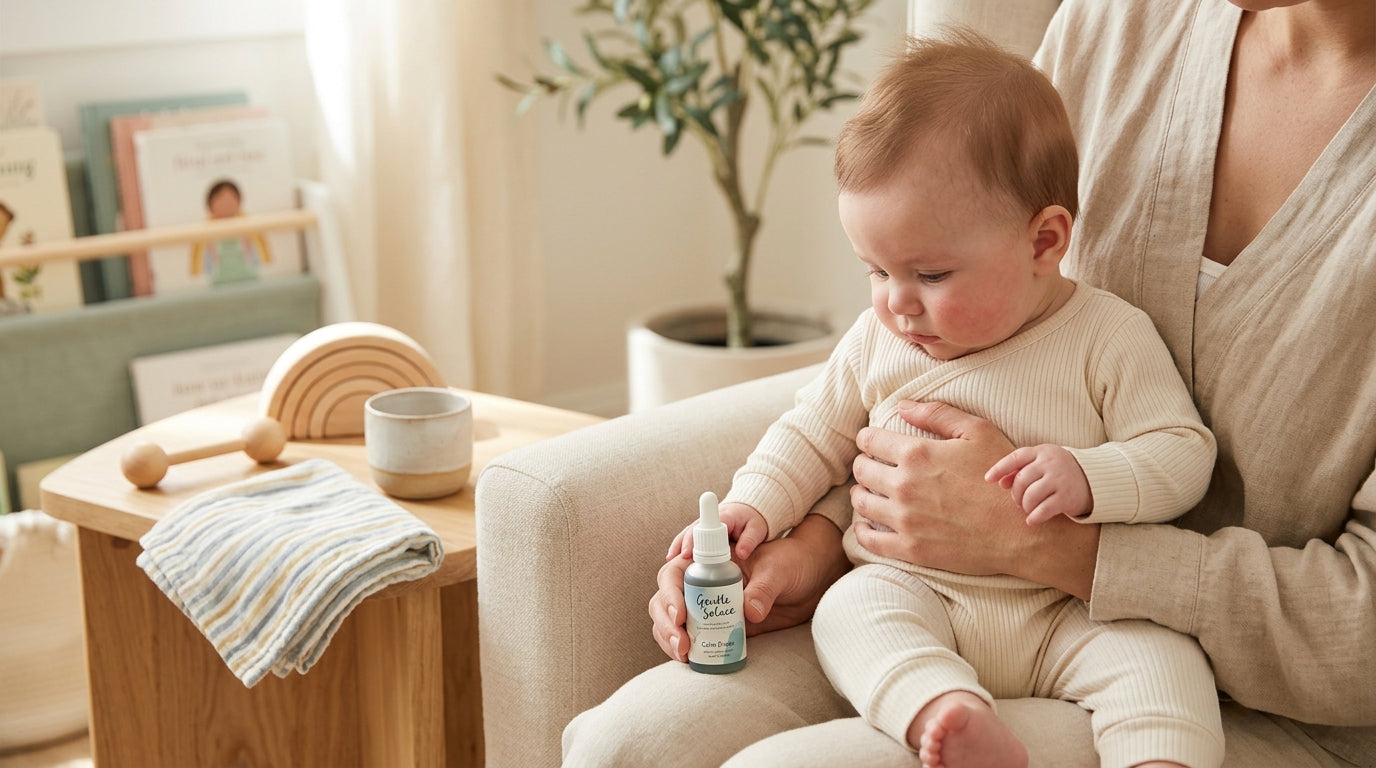 Priya holding her toddler after a routine pediatrician appointment with a tiny bandaid on his thigh