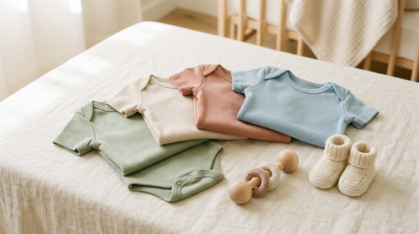 Priya holding a stained baby one piece outfit next to a washing machine