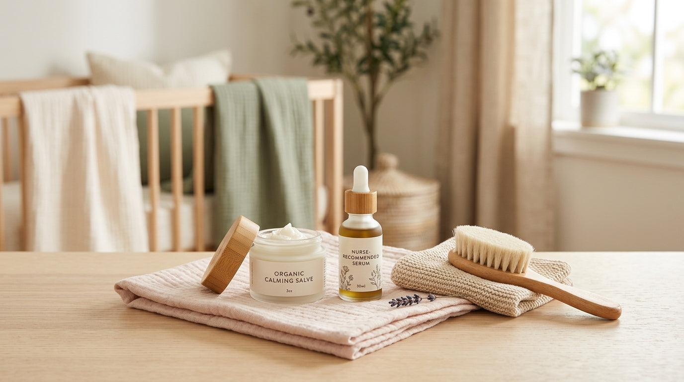 A newborn baby with mild red bumps on their cheeks sleeping on a bamboo blanket