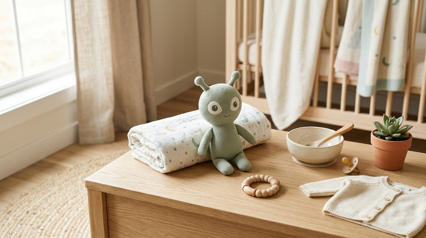 A tired father looking confused at his newborn baby wrapped in an organic blanket.