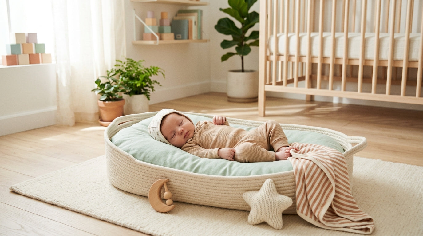 An exhausted dad sitting on a sofa looking at two swaddled newborns.