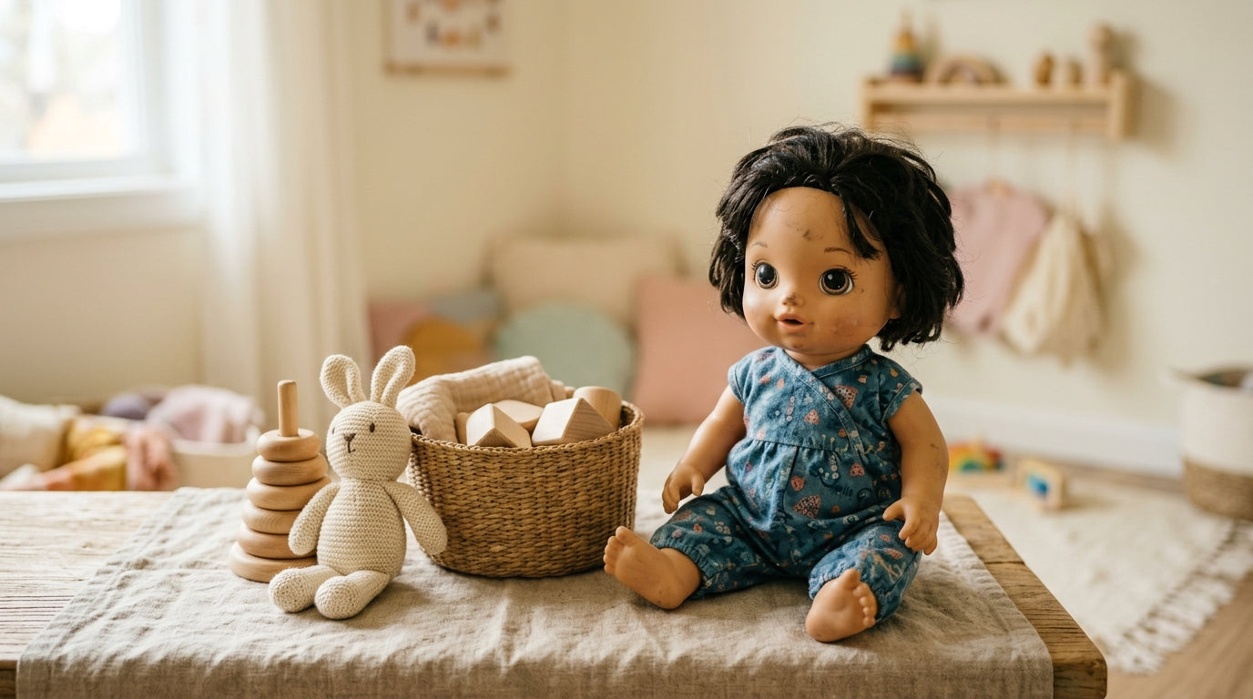 A disassembled toy doll next to a sink full of soapy water and a scrub brush