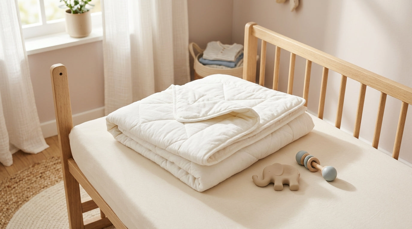 A confused dad holding a toddler's anti-allergy duvet while looking at a smart room thermometer.